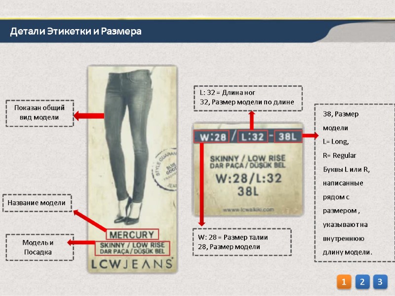 Показан общий вид модели Модель и Посадка Название модели W: 28 = Размер талии